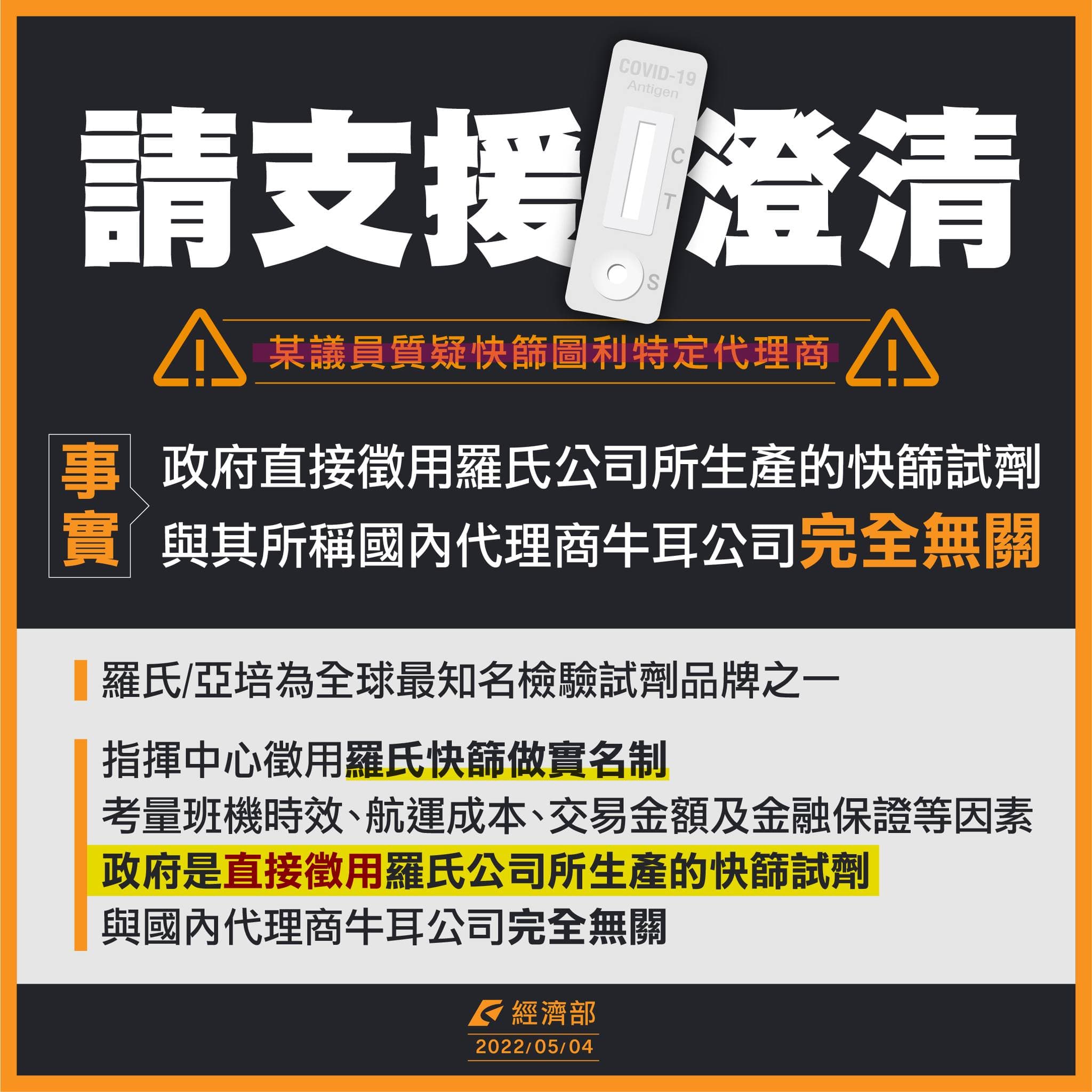 經濟部澄清,進口羅氏快篩試劑是直接徵用,沒有透過經銷商。(翻攝自經濟部臉書)