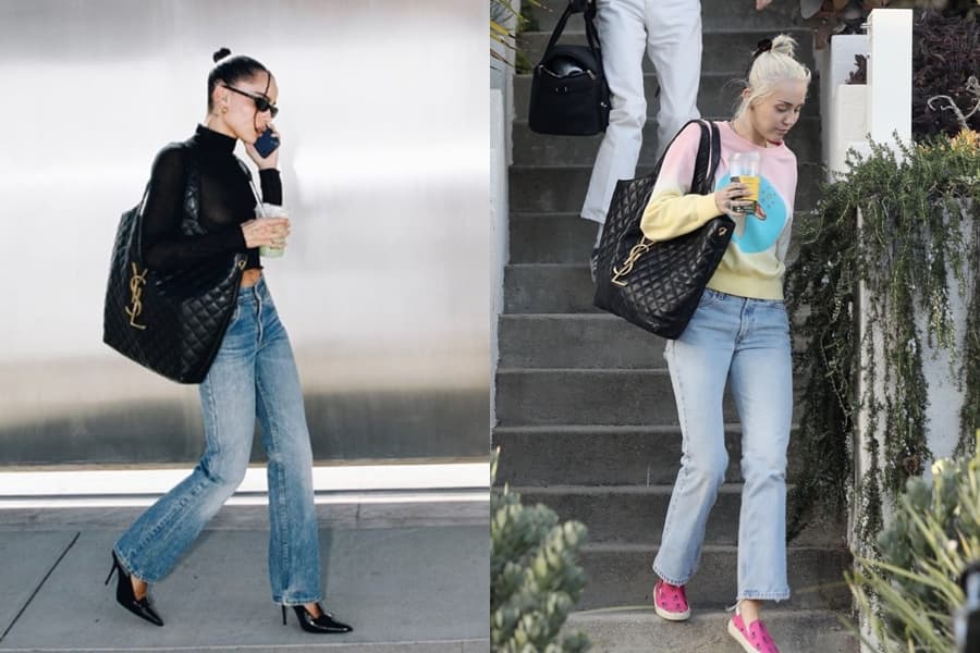 〈左起〉新一代貓女柔伊克拉維茲Zoe Kravitz、美國歌手麥莉希拉Miley Cyrus以單寧長褲搭配ICARE包款,展性輕鬆隨意。〈SAINT LAURENT提供〉