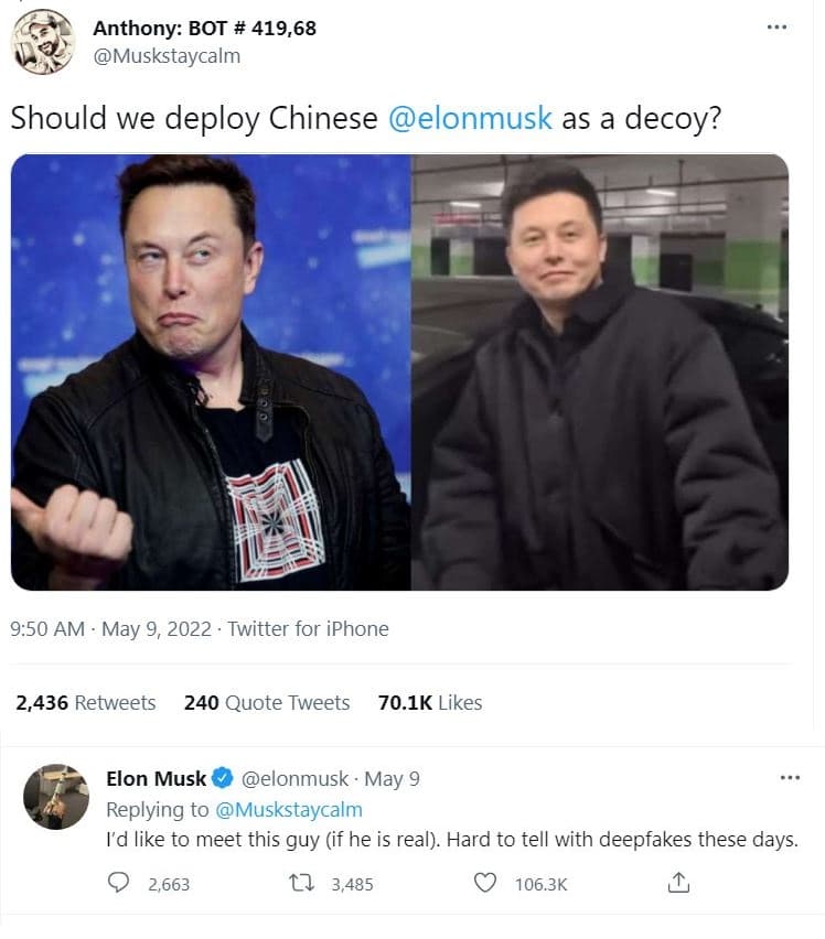 馬斯克親自回覆有關馬一龍的推文，直呼想見他。（翻攝推特）