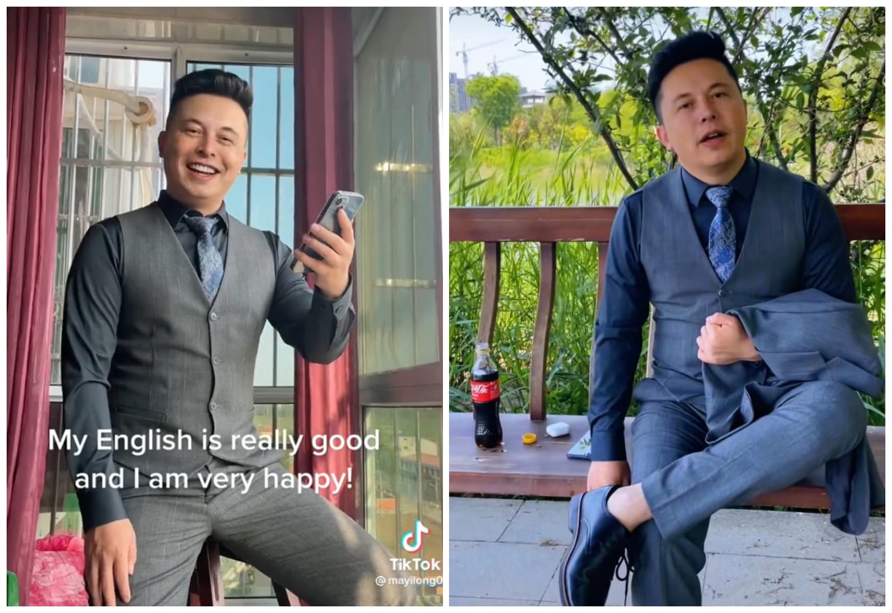 馬一龍都用「菜英文」自我介紹，還曾拍拿可口可樂的影片，向馬斯克致敬。（翻攝馬一龍抖音）