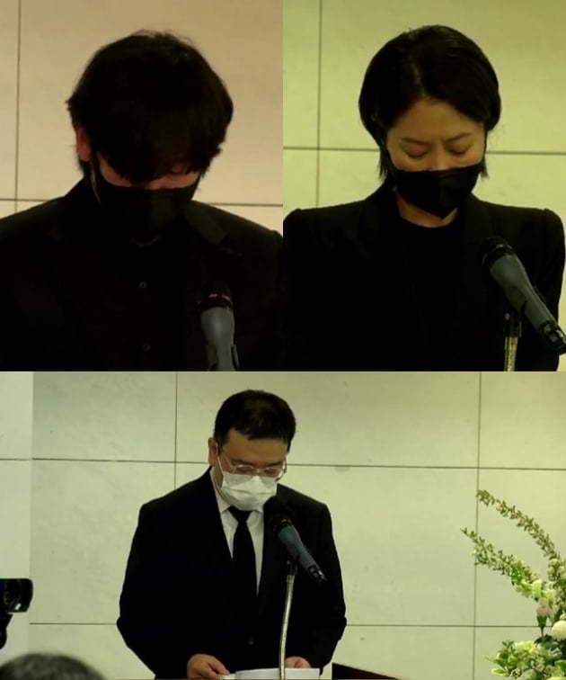 薛景求(左上)、文素利與導演延尚昊在姜秀延告別式致哀悼詞,表示「不真實到像在拍電影,但若說是在拍電影,也心痛得拍不下去了。」(翻攝韓國電影振興委員會YT)