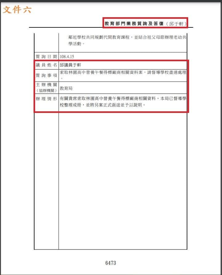 邱于軒被爆高調取索取校園營養午餐得標資訊為護航丈夫得標,更藉此不斷質詢市府官員。(翻攝吳佩蓉臉書)