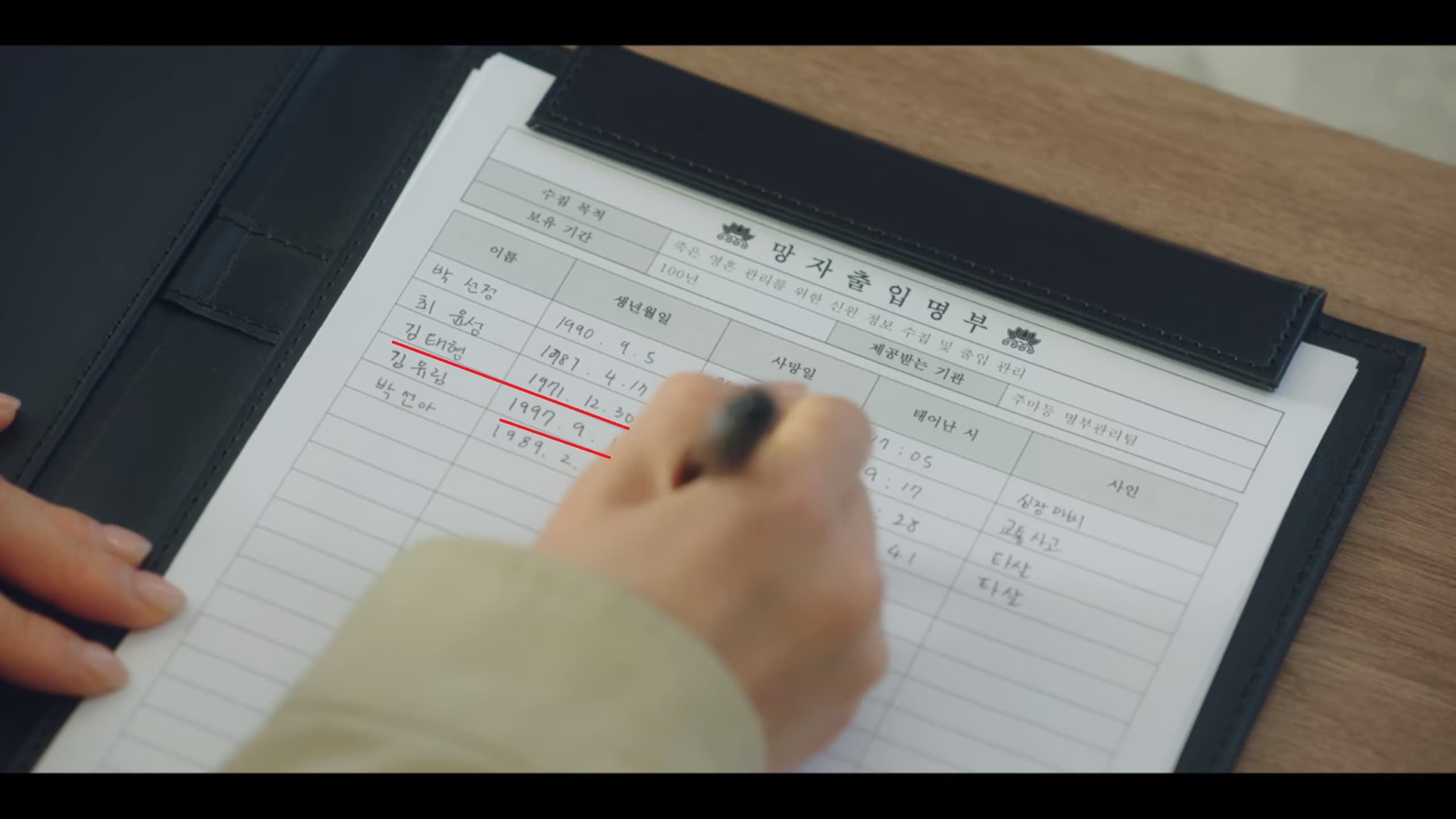 《還有明天》中的死亡名簿出現防彈少年團成員V的本名「金泰亨」及他的生日(紅線處),下方還有柾國的生日。(翻攝自Netflix畫面)