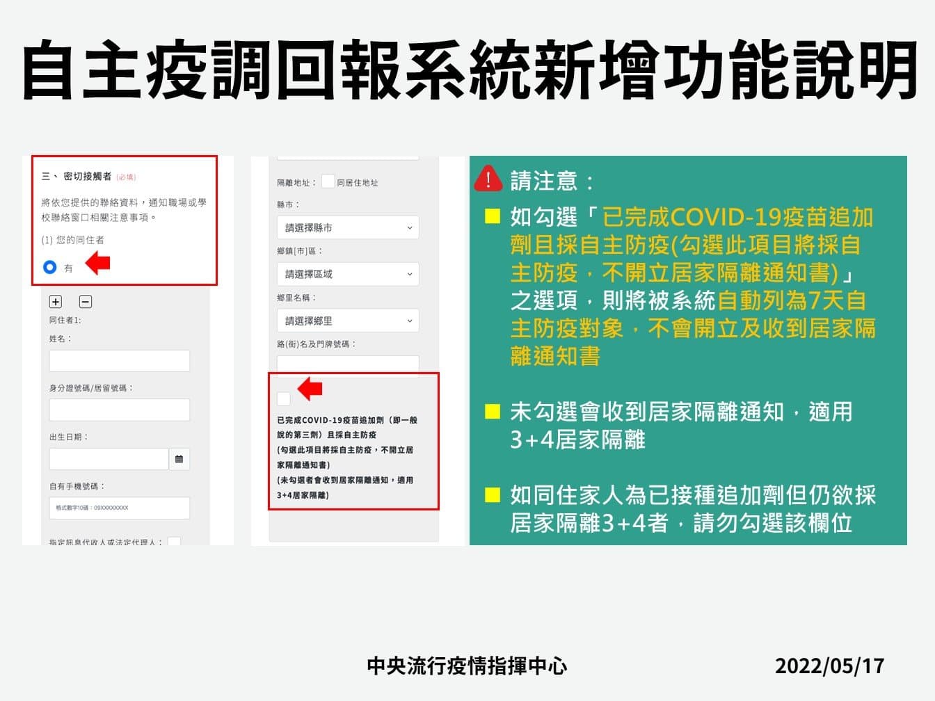指揮中心說明自主疫調回報系統新增功能。(指揮中心提供)