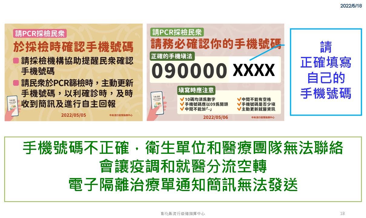 葉彥伯在記者會出示修改過的宣導圖卡，提醒民眾PCR採檢務必正確填寫自己的手機號碼。（翻攝自王惠美臉書）
