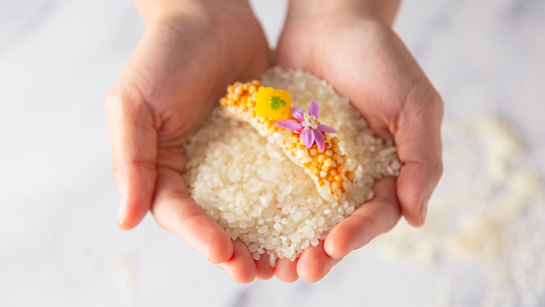 開胃小點「李海滷肉飯」被解構成米菓及炸豬皮的組合。(弘光科技大學提供)