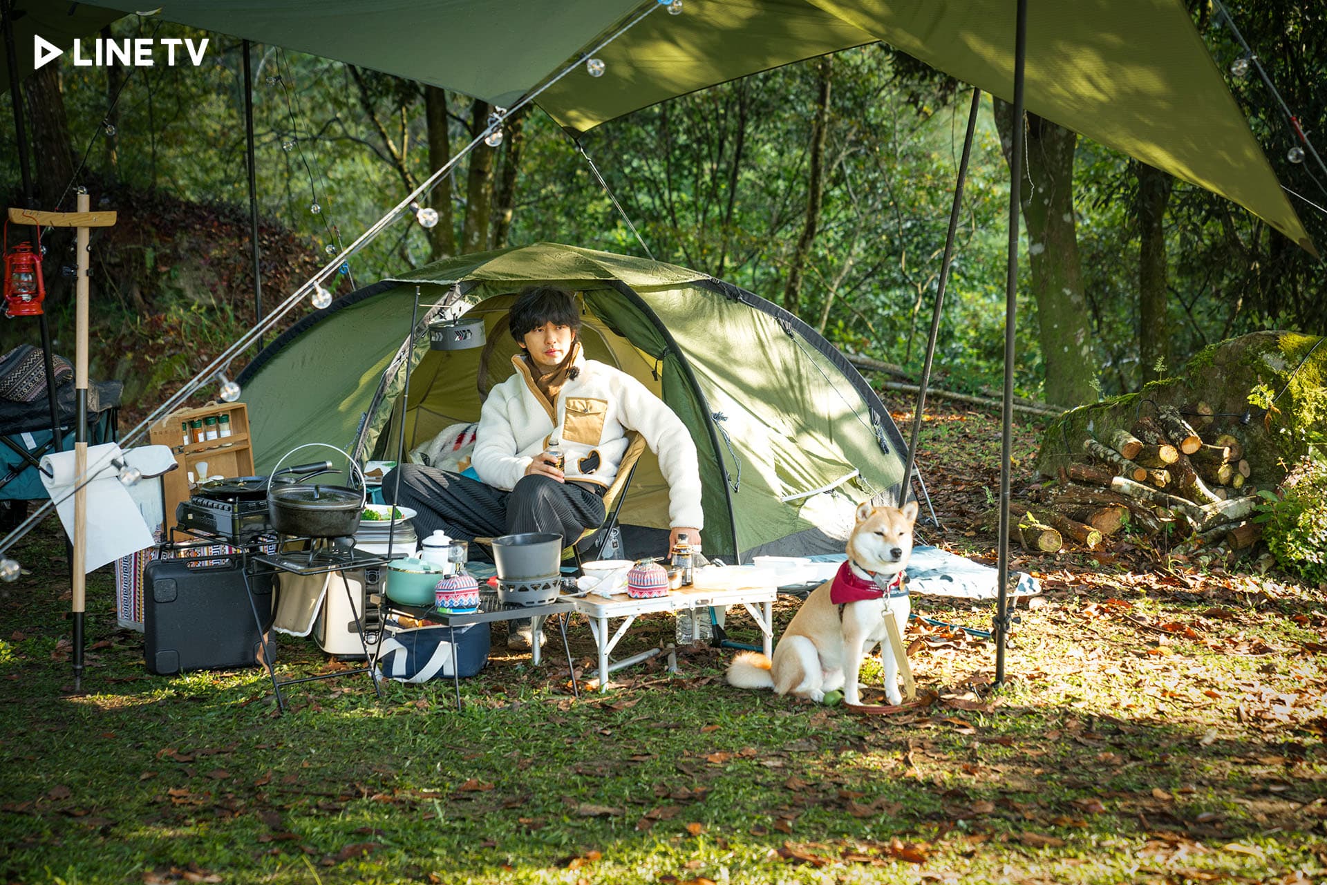 在實境秀《極島森林》中,陳柏霖與柴柴Afuri體驗野外紮營。(Line TV提供)
