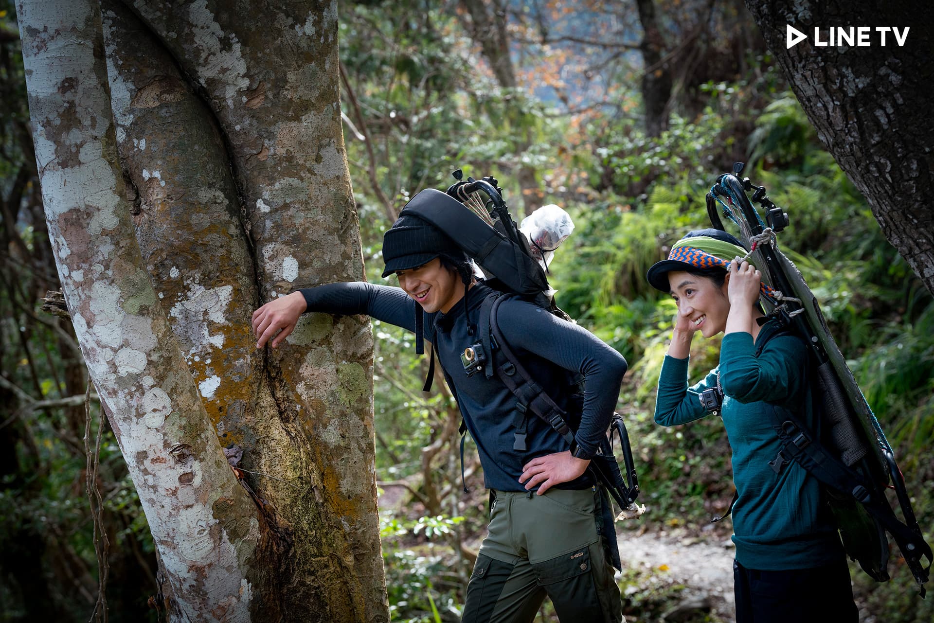 陳柏霖、桂綸鎂再續《藍色大門》20年之情,兩人攀上高聳樹木。(Line TV提供)