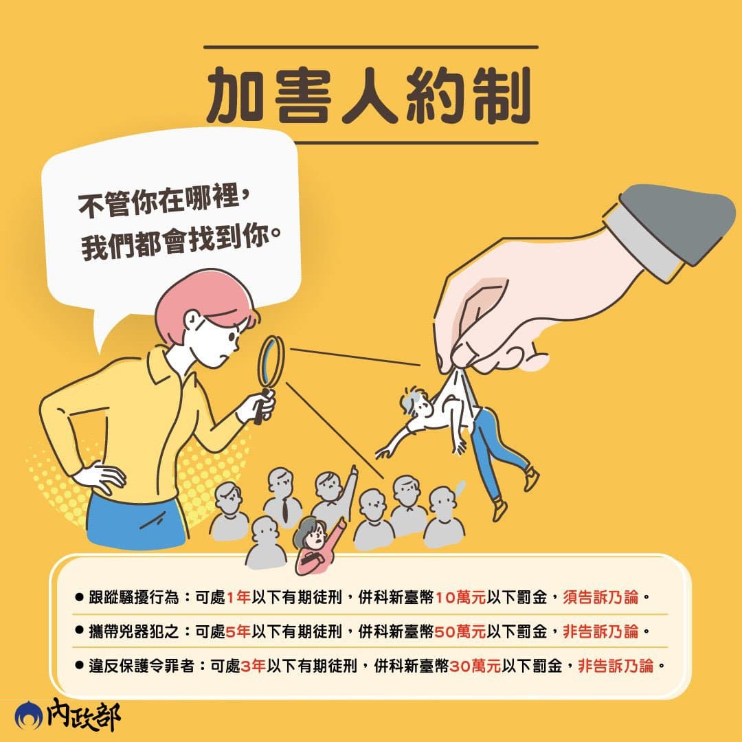《跟騷法》會對加害人最重處以五年刑期。(翻攝自內政部臉書)