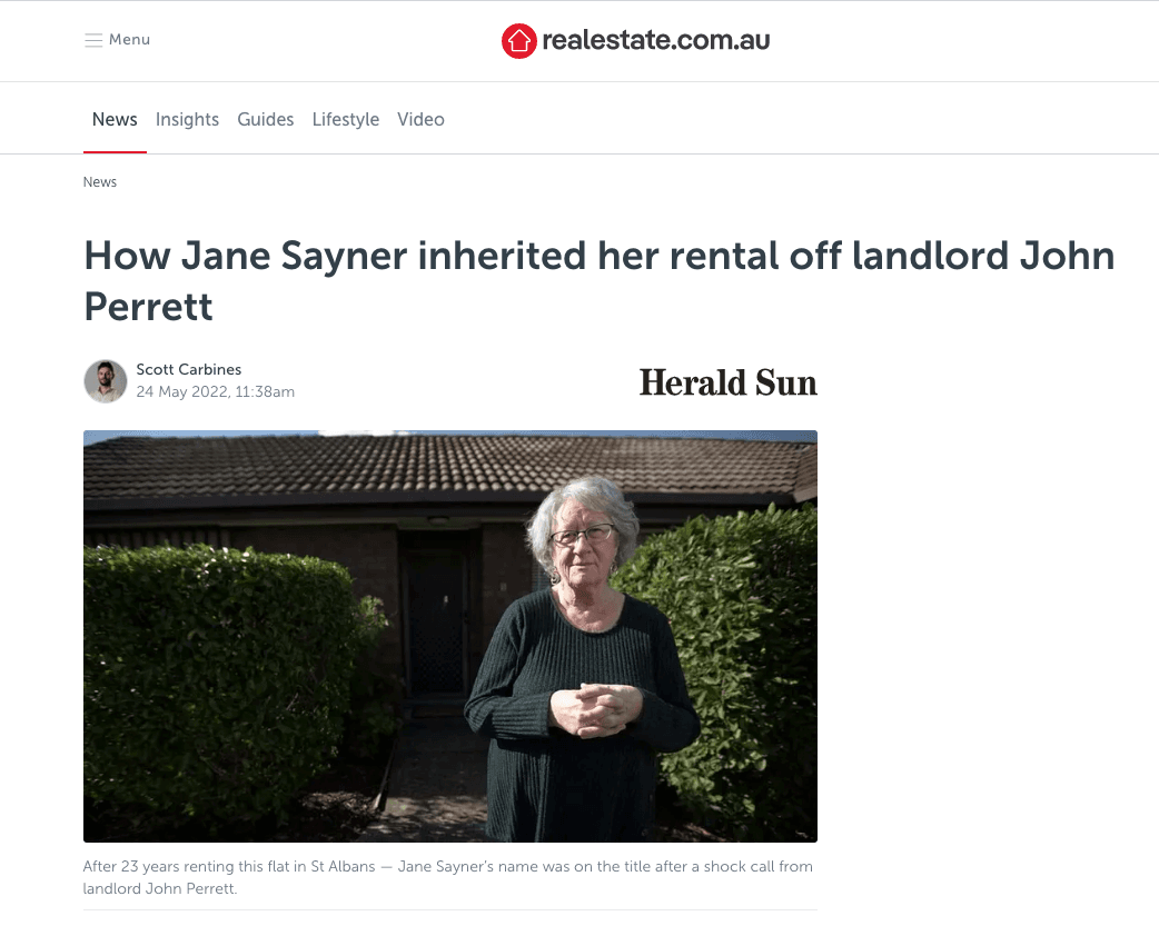 澳洲墨爾本75歲婦人簡賽納(Jane Sayner)收到房東強佩雷特(John Perrett)留給她的房子。(翻攝realestate.com.au)