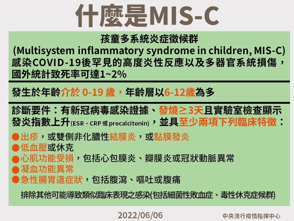 指揮中心日前提醒MIS-C相關症狀。（指揮中心提供）