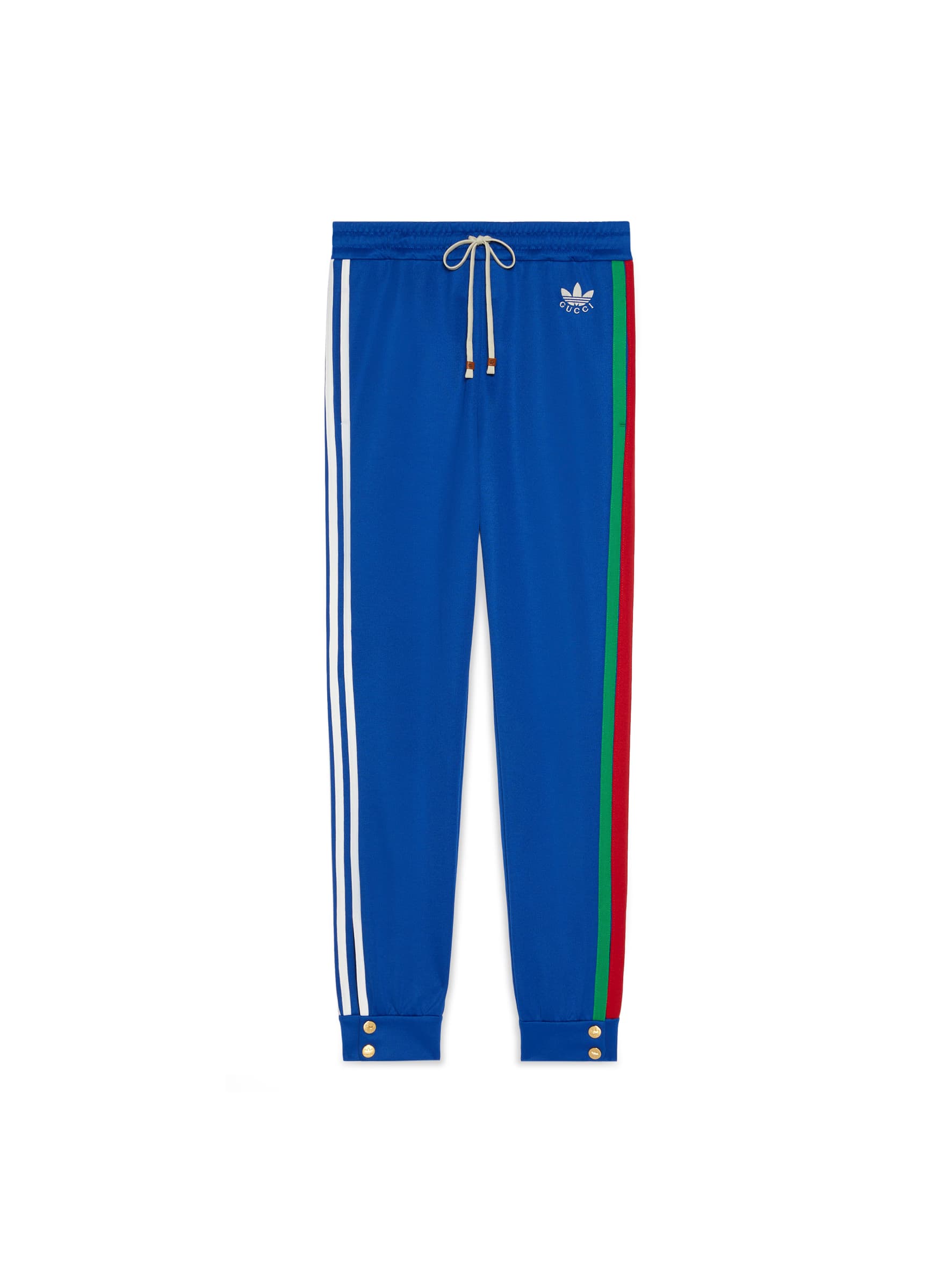 adidas × GUCCI經典藍鑲紅綠紅織帶運動褲,NT$42,500。(GUCCI提供)
