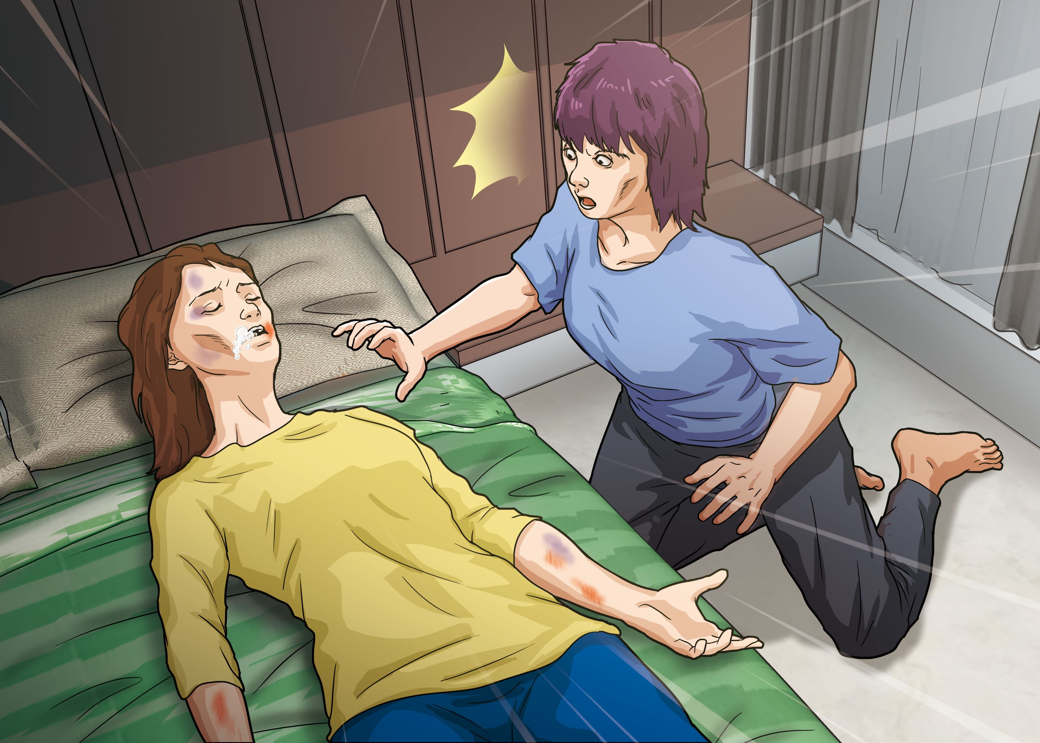 吳家長女(左)口吐白沫、倒在床上,被妹妹(右)發現時,已沒有生命跡象。(示意畫面)