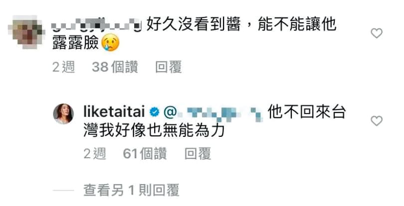 理科太太在回覆網友的留言中,埋怨前夫不願意回來台灣。(翻攝自理科太太IG)