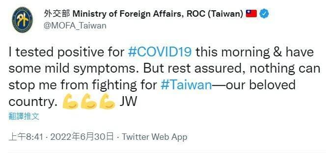 吳釗燮上午自爆快篩陽確診。（翻攝自推特）