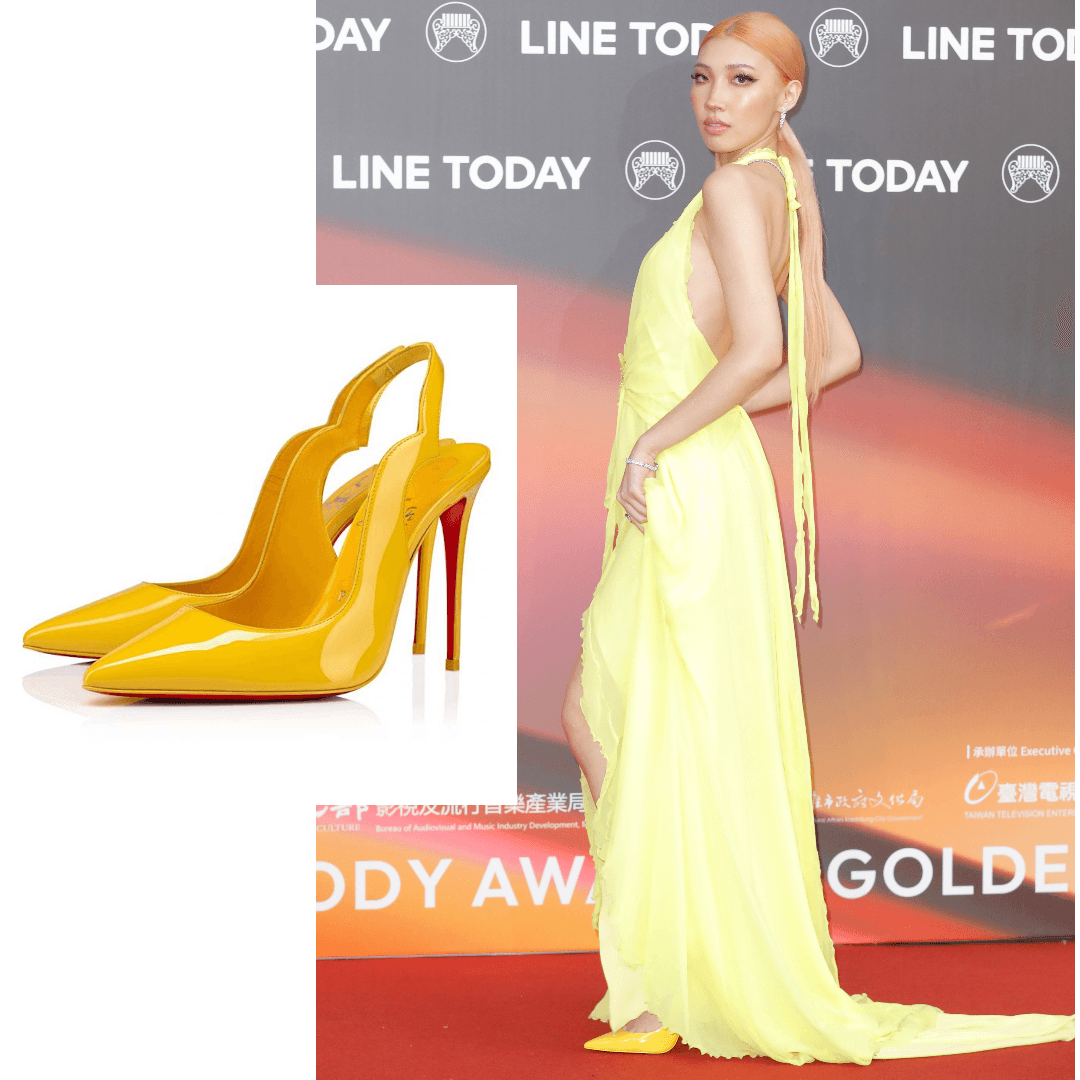 Karencici身著Blumarine鮮黃色透視雪紡蝴蝶洋裝(NT$97,800),搭配Christian Louboutin黃色露跟高跟鞋(NT$27,500),珠寶飾品出自Tiffany & Co.。