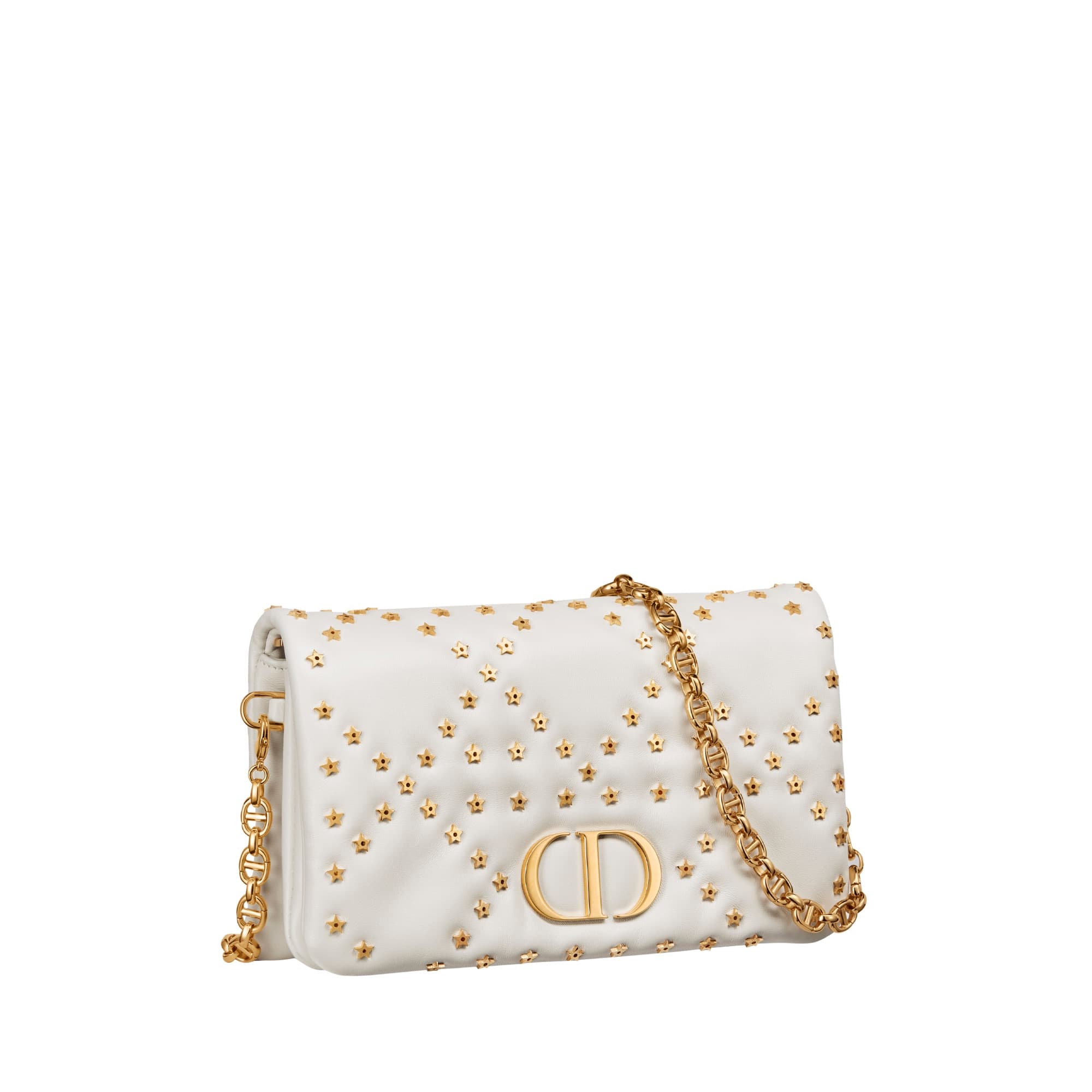Dior Caro拿鐵白籐格紋飾金屬星運星小羊皮鍊帶手拿包。NT$105,000(迪奧提供)