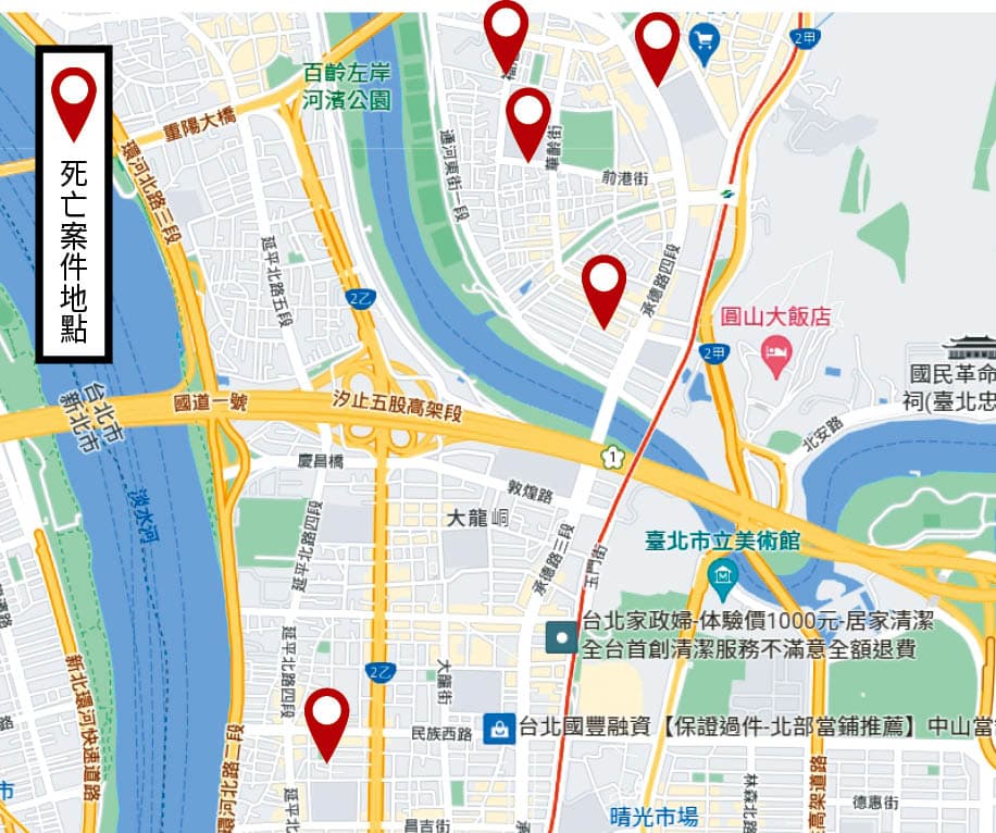 禹建忠犯案的地點包括台北市士林及大同區,共造成5名婦人死亡。(翻攝Google Maps)