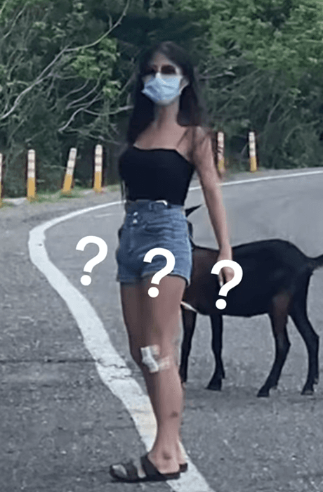 正妹摔倒受傷後,膝蓋已進行包紮處理。(翻攝自臉書社團「爆廢公社」)