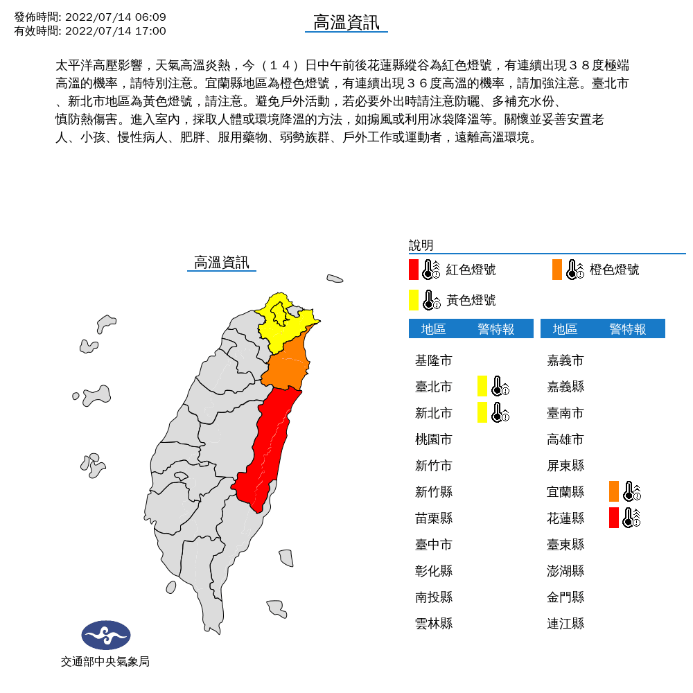 氣象局針對全台4縣市釋出高溫資訊,提醒大家應盡量避免戶外活動,若必要外出時請注意防曬、多補充水份、慎防熱傷害。(中央氣象局提供)