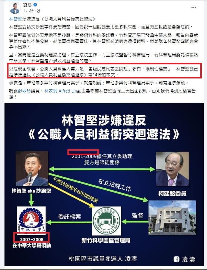 朱立倫子弟兵凌濤指控林智堅違反《公職人員利益衝突迴避法》,並稱要提告。(翻攝凌濤臉書)