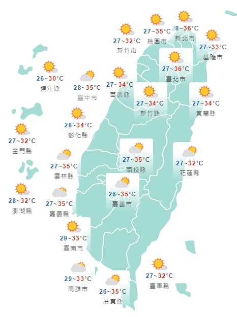 全台各地白天天氣狀況一覽。(中央氣象局提供)