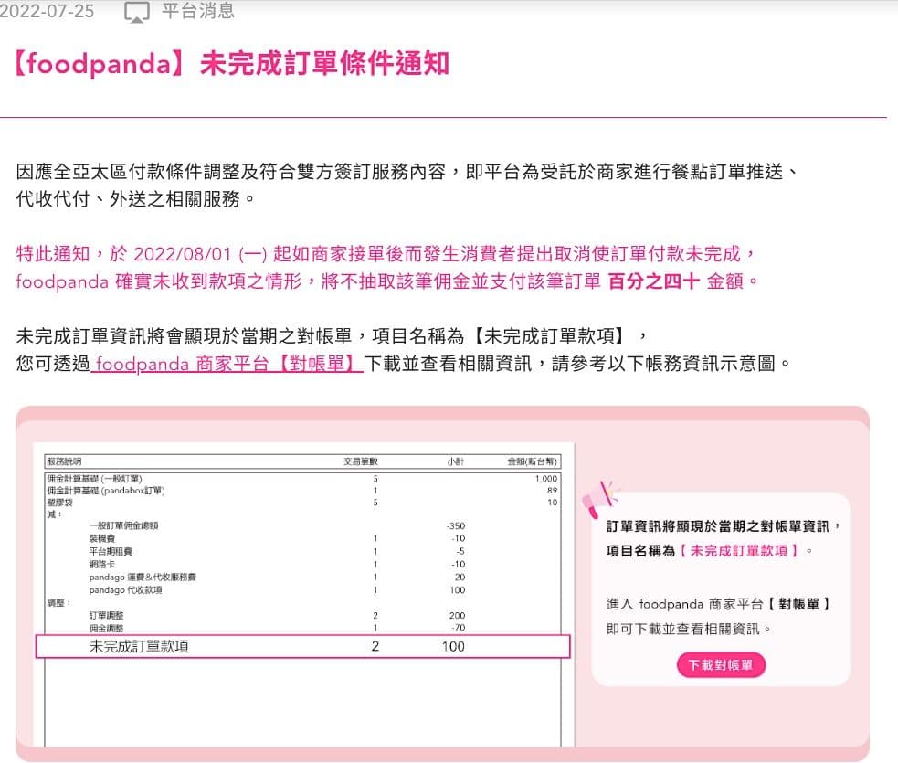 foodpanda新公告內容引發店家不滿。(翻攝自foodpanda官網)