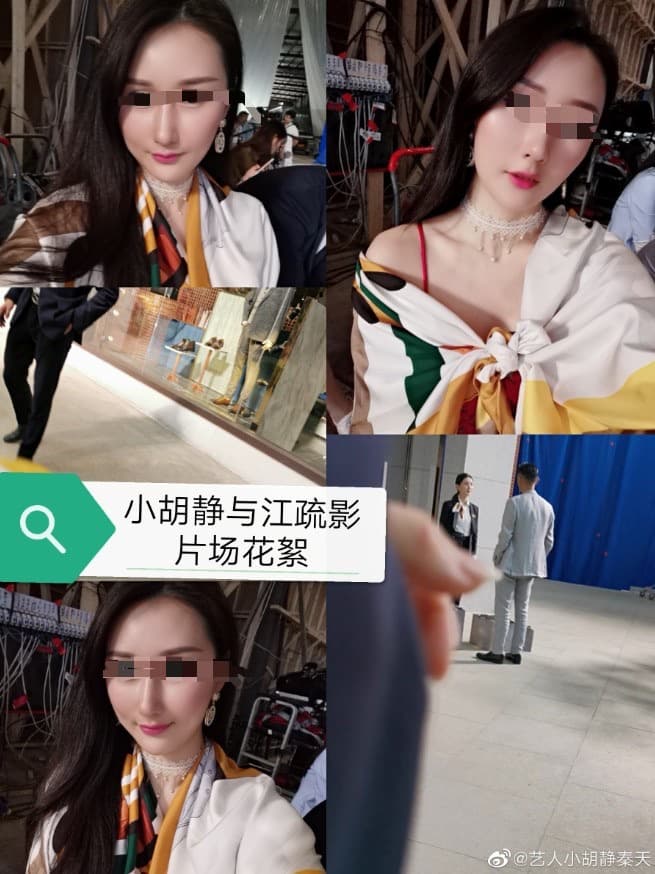 小胡靜在微博貼出片場照，但被爆料只是演路人。（翻攝微博）