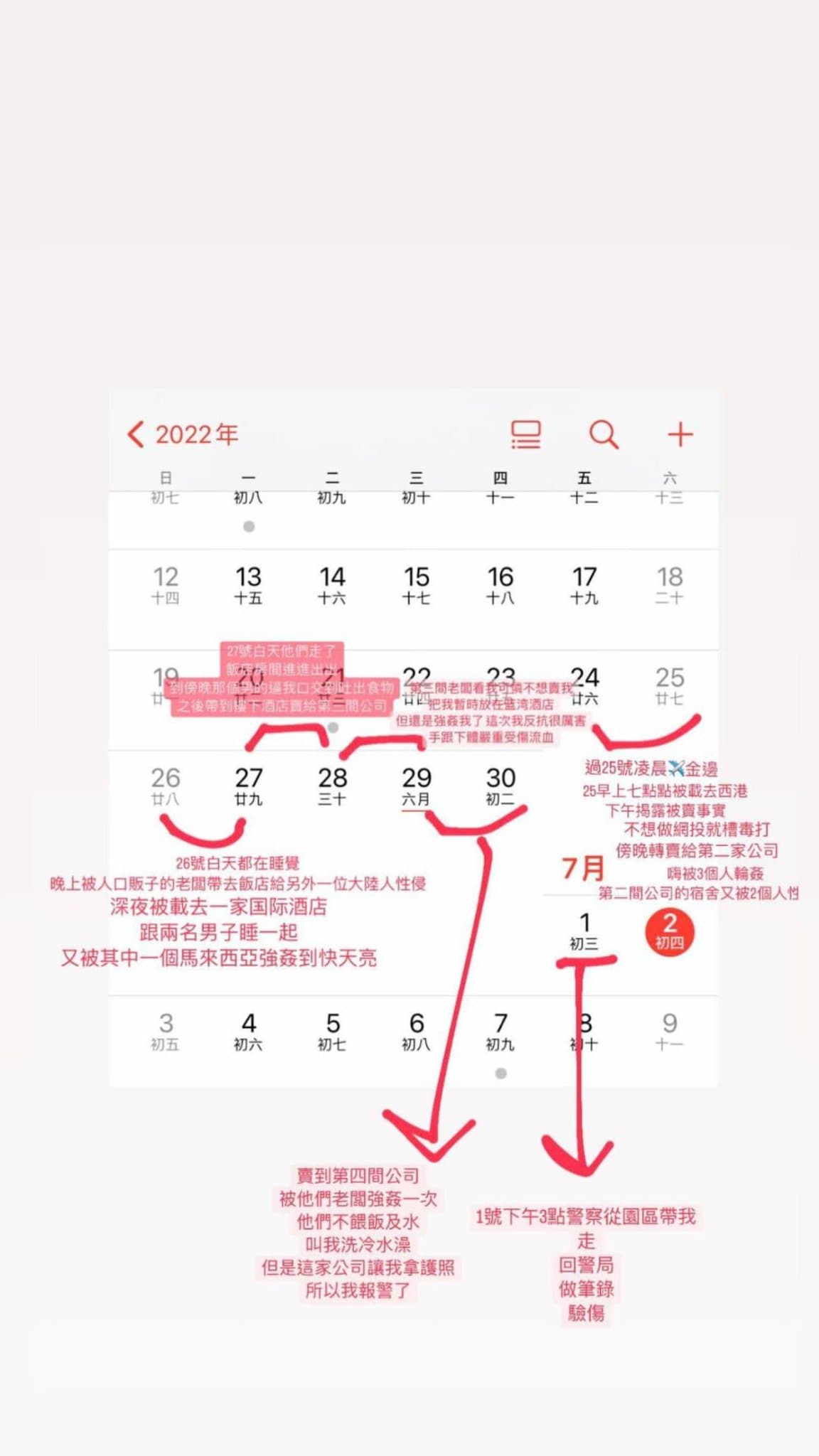 女子受騙被賣去柬埔寨後,詳細記錄血淚過程在行事曆上。(翻攝自爆廢公社)
