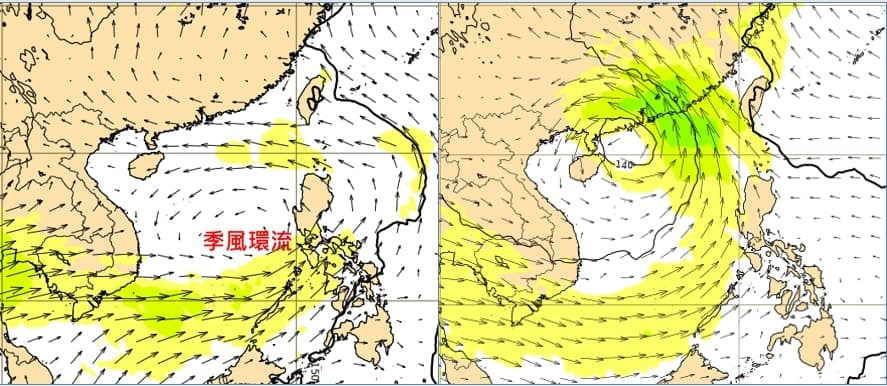 最新歐洲模式模擬顯示,週日晚上8點南海又有「季風環流」(monsoon gyre)逐漸成形;下週三(10日)晚上8點熱帶擾動已在廣東海面。(翻攝自三立準氣象.老大洩天機專欄)