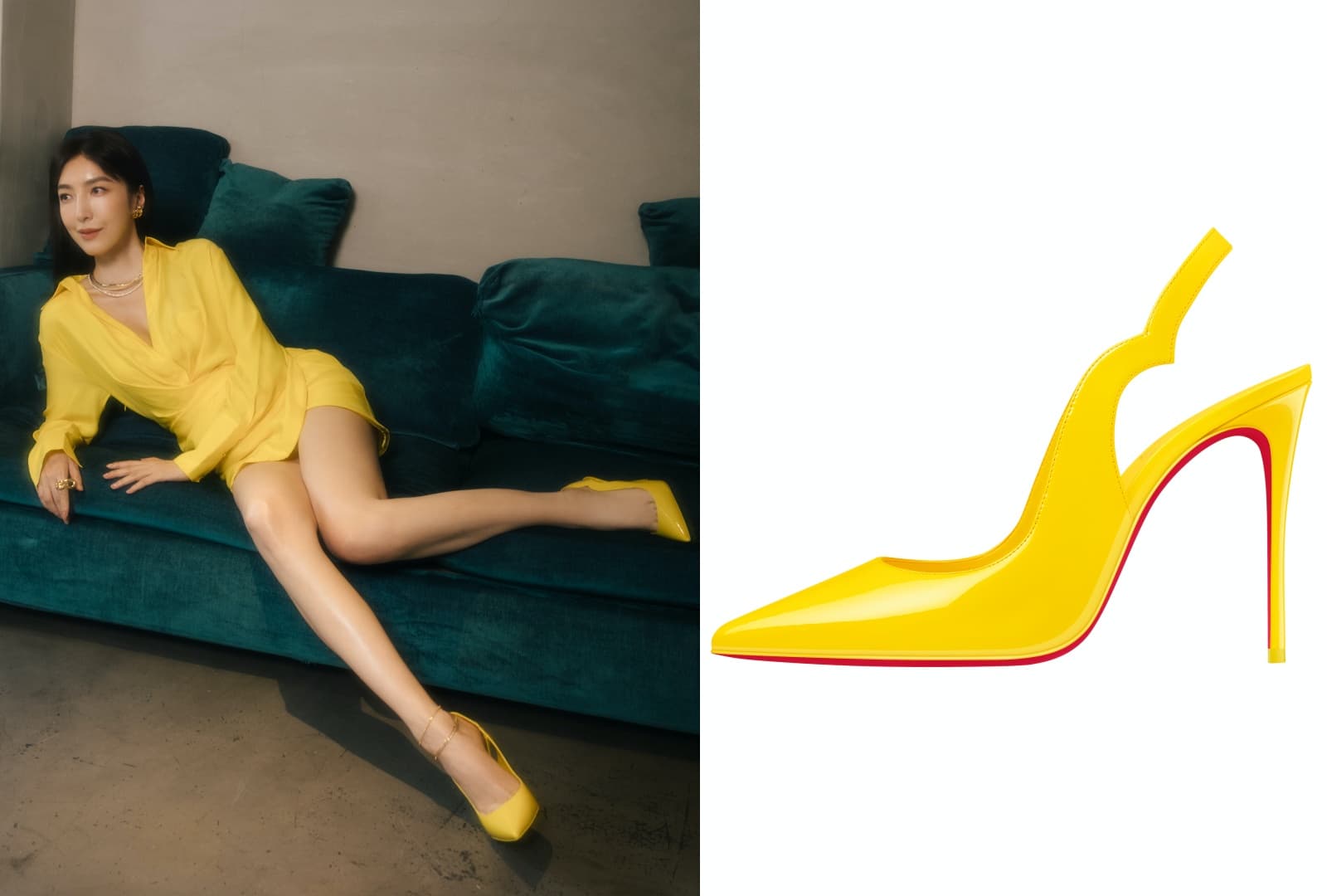 楊謹華同款的鮮黃色漆皮Hot Chick Sling。NT$27,500(Christian Louboutin提供)