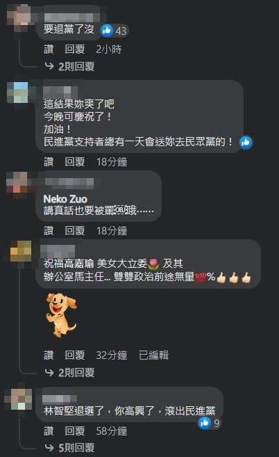 林智堅退出桃園市長選戰,綠營支持者紛紛灌爆高嘉瑜臉書。(翻攝自高嘉瑜臉書)