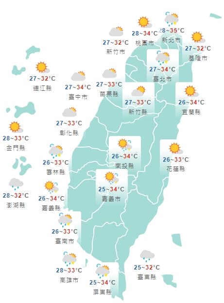 全台各地白天天氣狀況一覽。（中央氣象局提供）