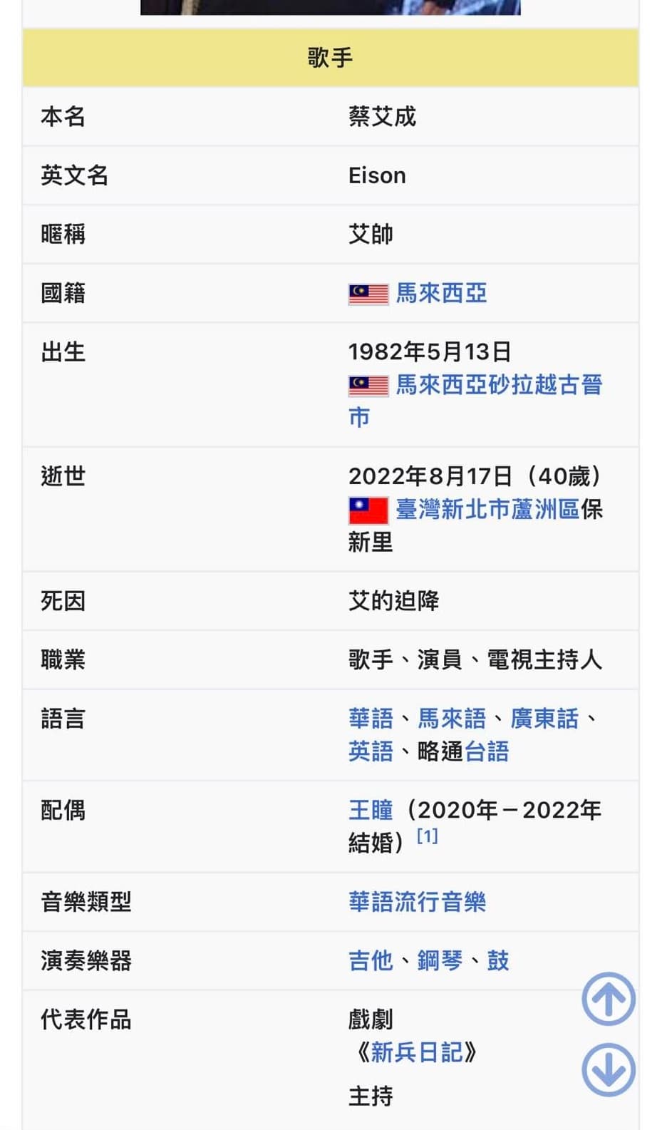 網友發現艾成的維基百科頁面,死因竟被編輯成「艾的迫降」。(翻攝自爆廢公社)