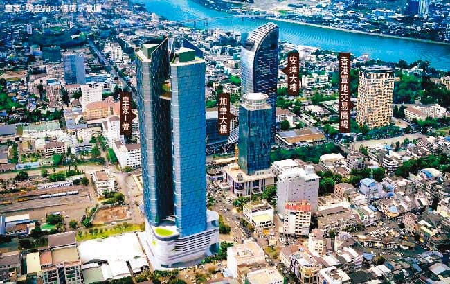 「皇家一號」基地位柬埔寨金邊,當初行銷示意圖非常壯濶,如期完工將是柬國第一高樓,可眺望湄公河。(翻攝豐滙地產臉書)