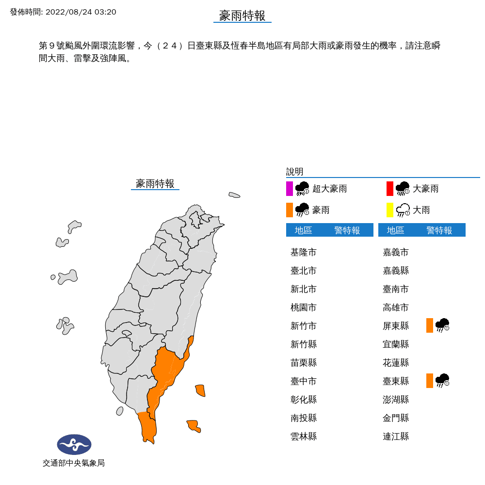 受颱風外圍環流影響，台東縣及屏東縣需注意豪雨特報。（氣象局提供）