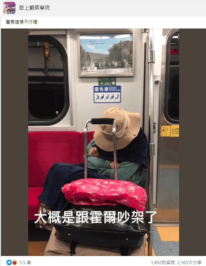 網友拍下蘇菲疑似跟霍爾吵架，獨自一人大包小包搭台鐵的畫面。（翻攝自路上觀察學院臉書）