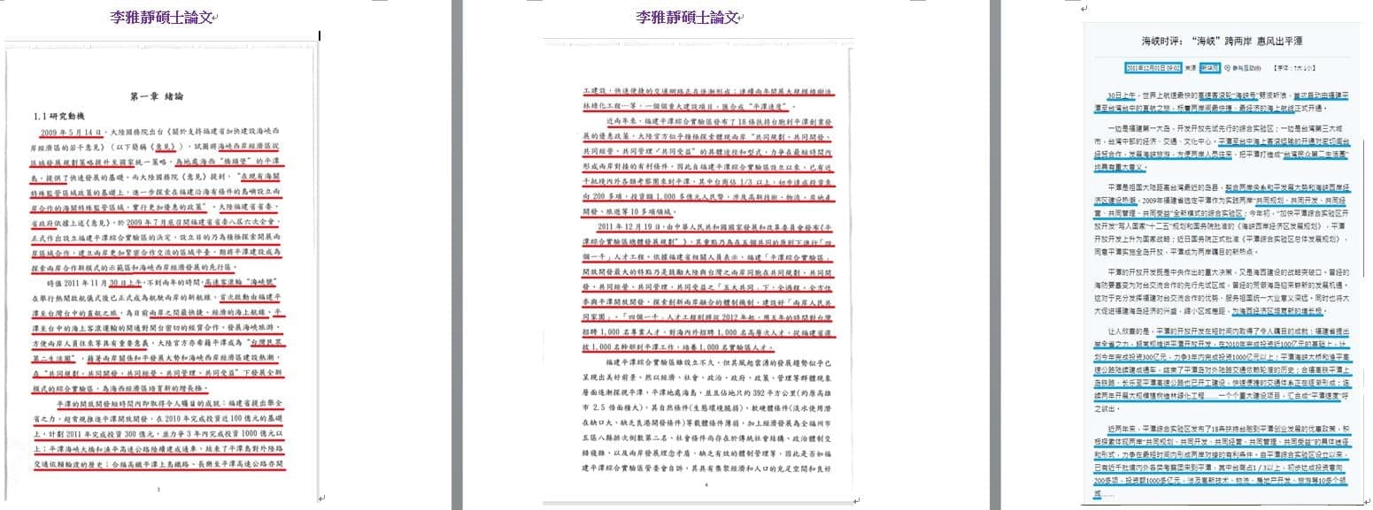 吳佩蓉比對李雅靜論文抄襲的源頭,絕大多數來自指導教授汪明生的著作、新聞報導與中國的網站內容。(翻攝吳佩蓉臉書)