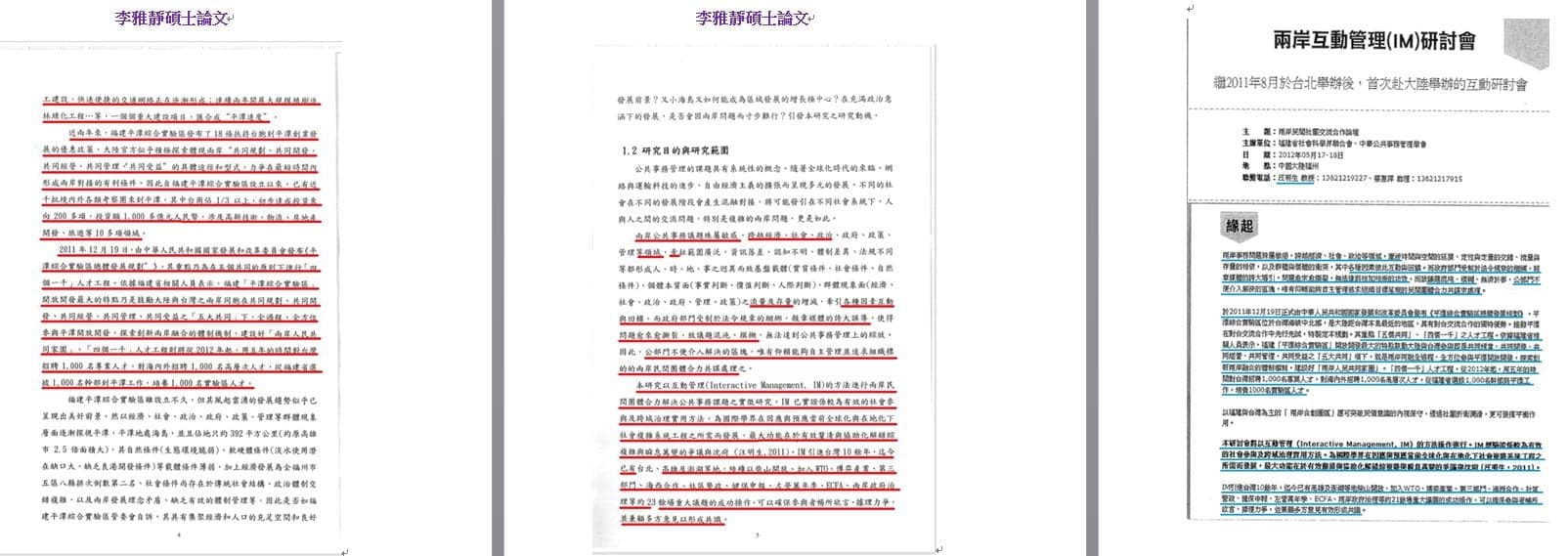 吳佩蓉比對李雅靜論文抄襲的源頭,絕大多數來自指導教授汪明生的著作、新聞報導與中國的網站內容。(翻攝吳佩蓉臉書)