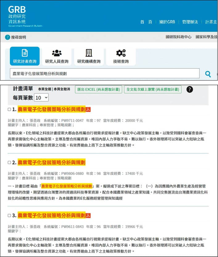 農委會委託張善政團隊進行3年期的研究案,經費近6千萬元。(翻攝政府研究資訊系統GRB官網)