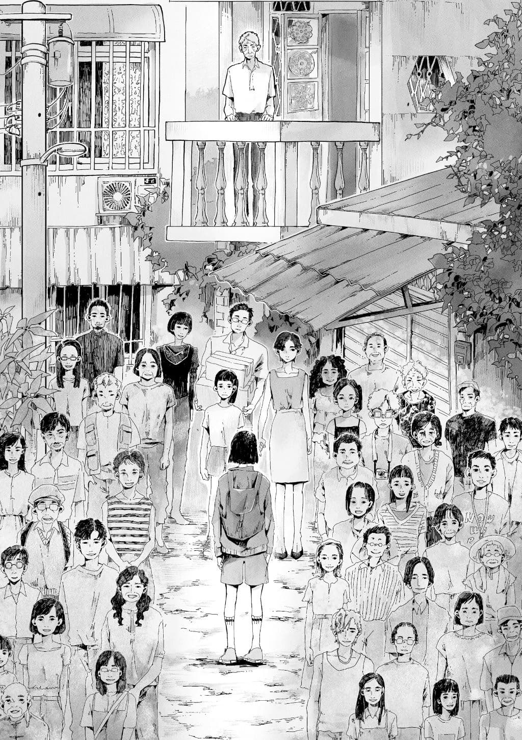 淡水「重建街保存運動」是森森sen創作靈感來源,在〈阮若打開心內的門窗〉故事中特別重現「530站滿重建街」畫面(圖)。