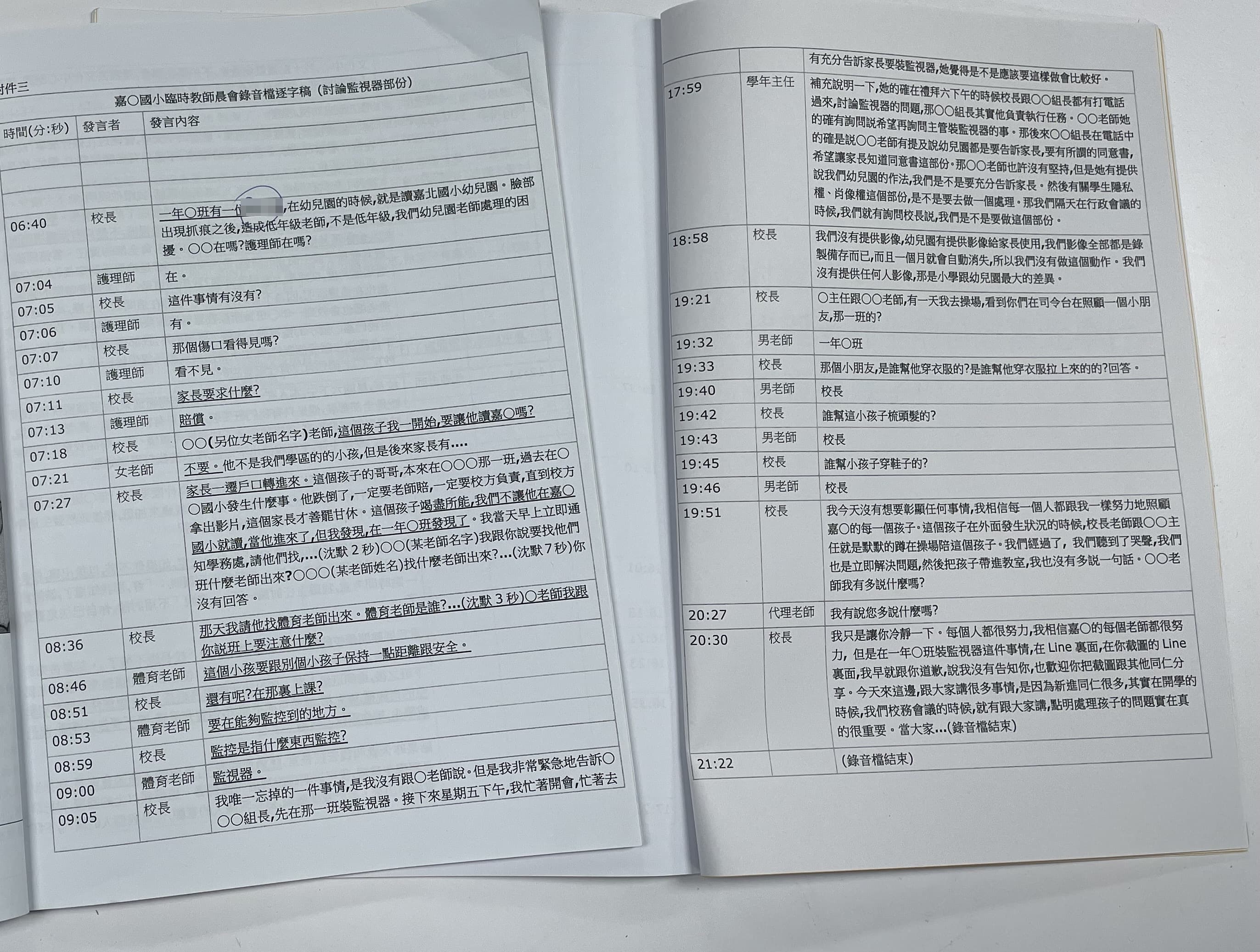 陳老師過世後,家屬認為死者遭霸凌,搜集資料,製作「家屬版的調查報告」,繕打陳老師出席晨會時的關鍵二十分鐘錄音,做成逐字稿。