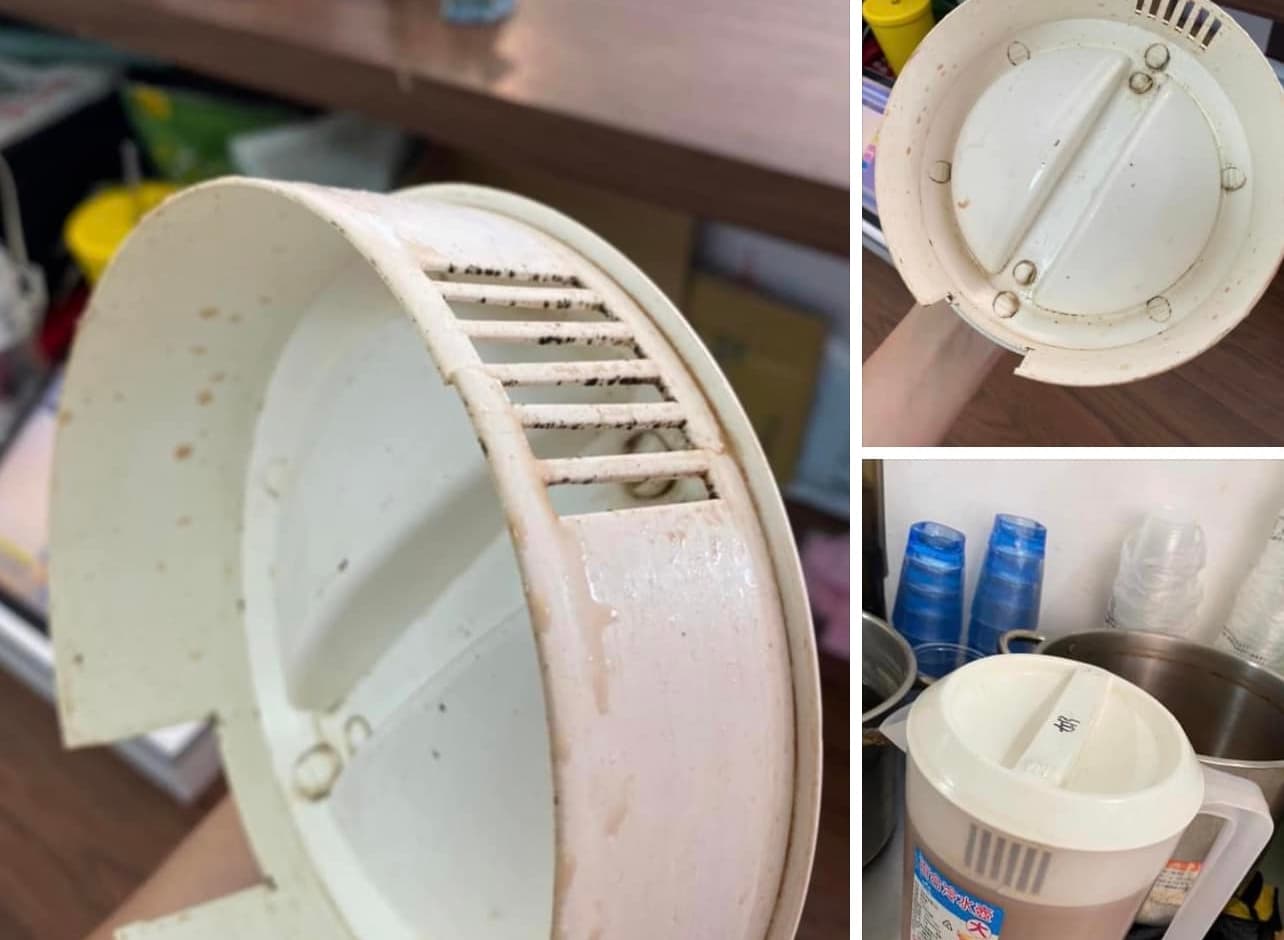 有人po出一張早餐店盛裝奶茶的大容器照片,只見容器的蓋子上頭布滿許多黑點髒汙。(翻攝自爆廢公社公開版)