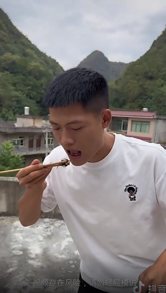 王燦要吃下虎頭蜂前還猶豫了一下。(翻攝自抖音)