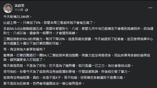 沈政男指出，「3劑疫苗對於BA.5的保護力，每月下降20%」（翻攝自沈政男臉書）