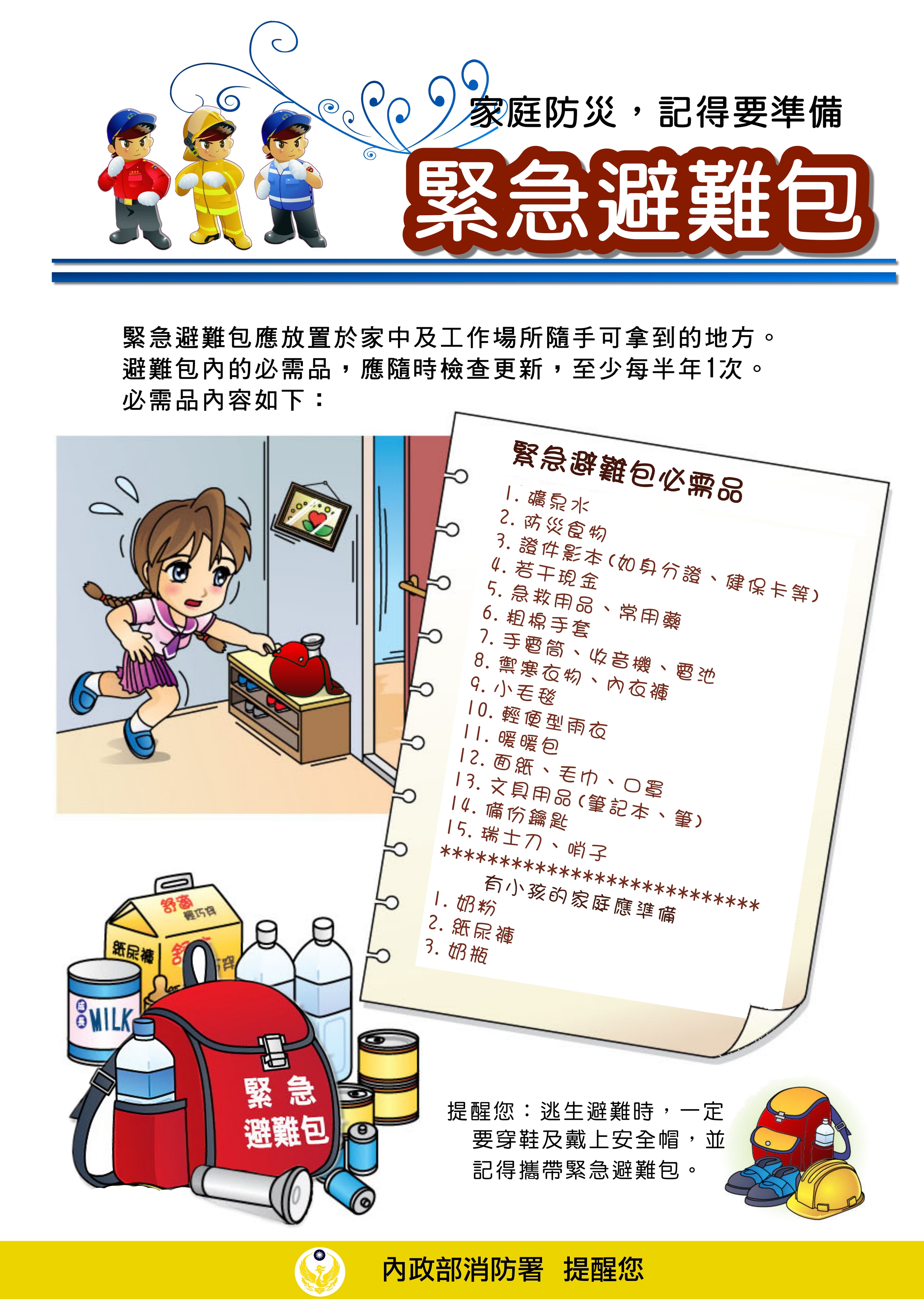 地震頻傳,緊急避難準備好以備不時之需。。(內政部消防署提供)
