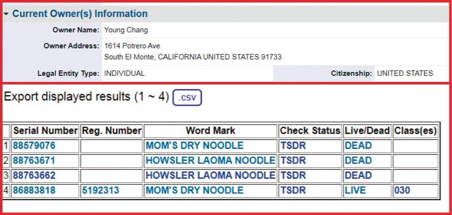 據查顯示,「MOM'S DRY NOODLE」被註冊後,老媽拌麵變換多次名稱,申請都未被許可。(翻攝自美國商標專利局官網)