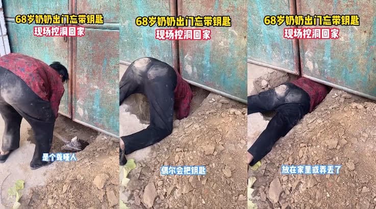 老婦人拿鐵鏟在鐵門下挖出一條地道,趴在地上匍匐前進鑽進家門。(翻攝微博)