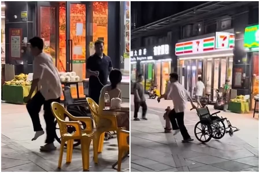 腳受傷男子尷尬的單腳跳狼狽逃離。（翻攝自臉書爆廢公社公開版）