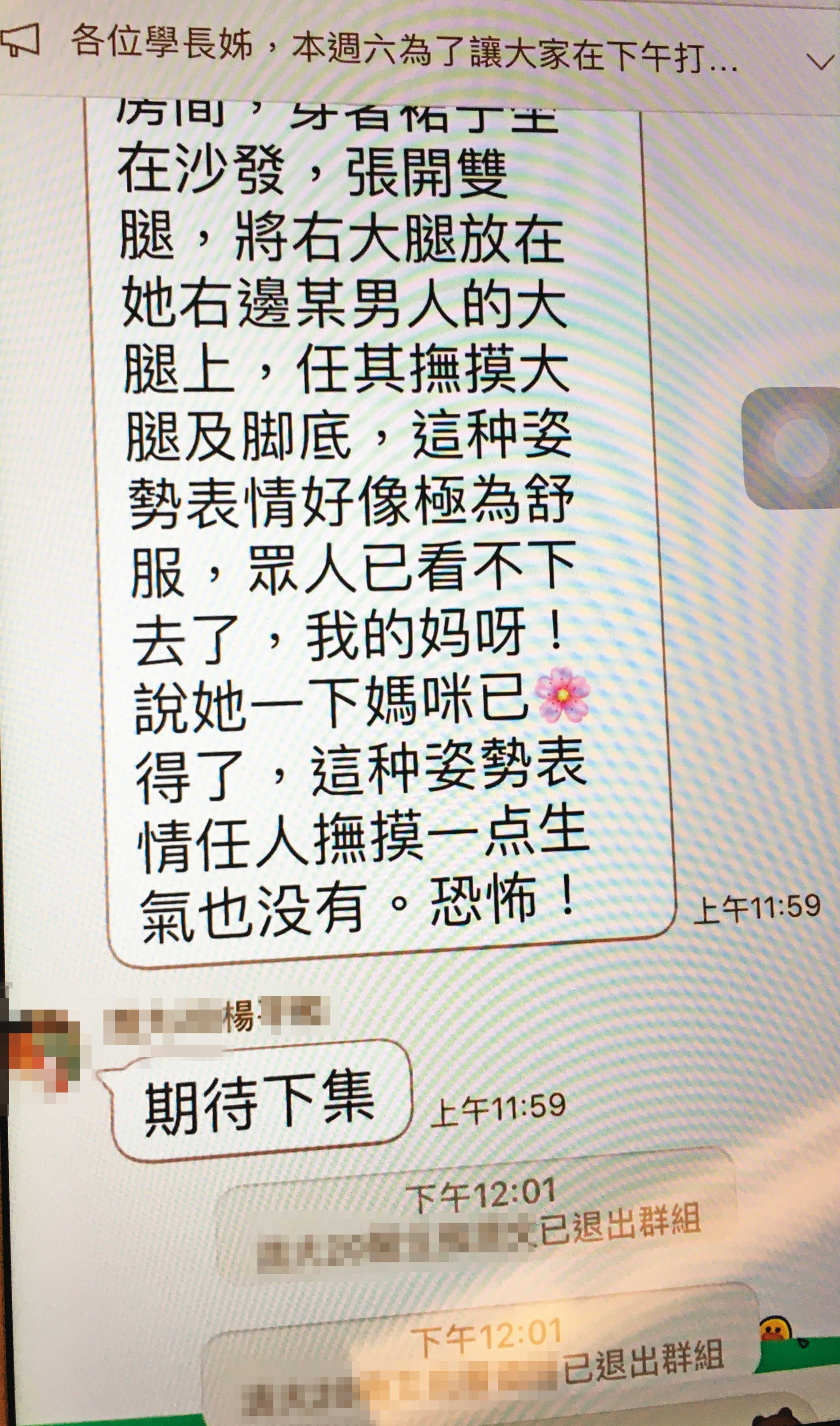 楊男在同學群組傳不雅文字，李女不滿，憤而提告。（讀者提供）